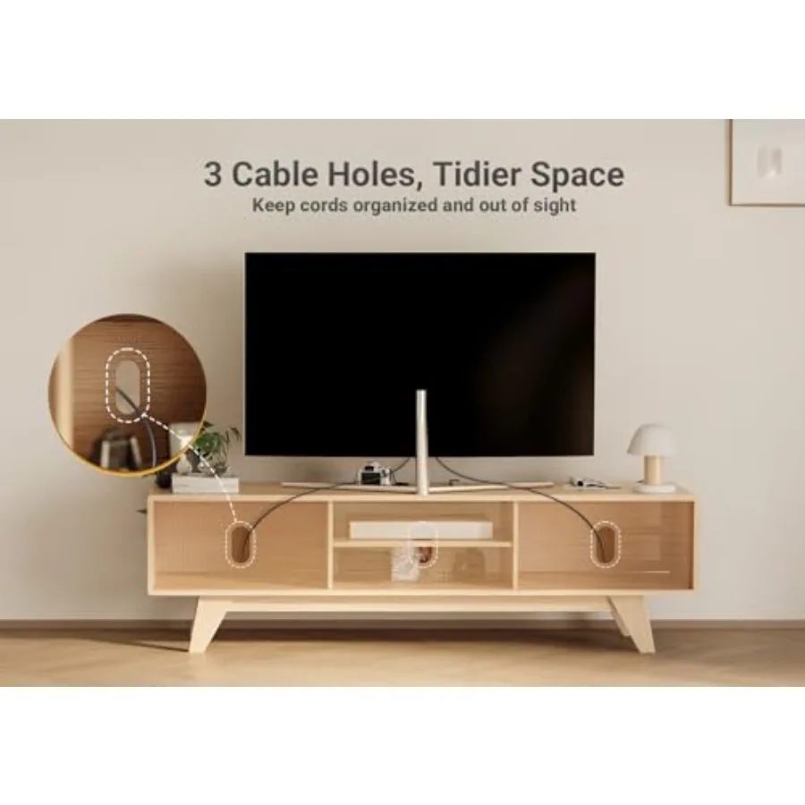 حامل تلفزيون بوهو لوحدة تحكم تلفزيون حديثة 70 بوصة مع 2 خزائن تخزين من الخيزران رف قابل للتعديل حامل تلفاز منسوج لغرفة المعيشة #6