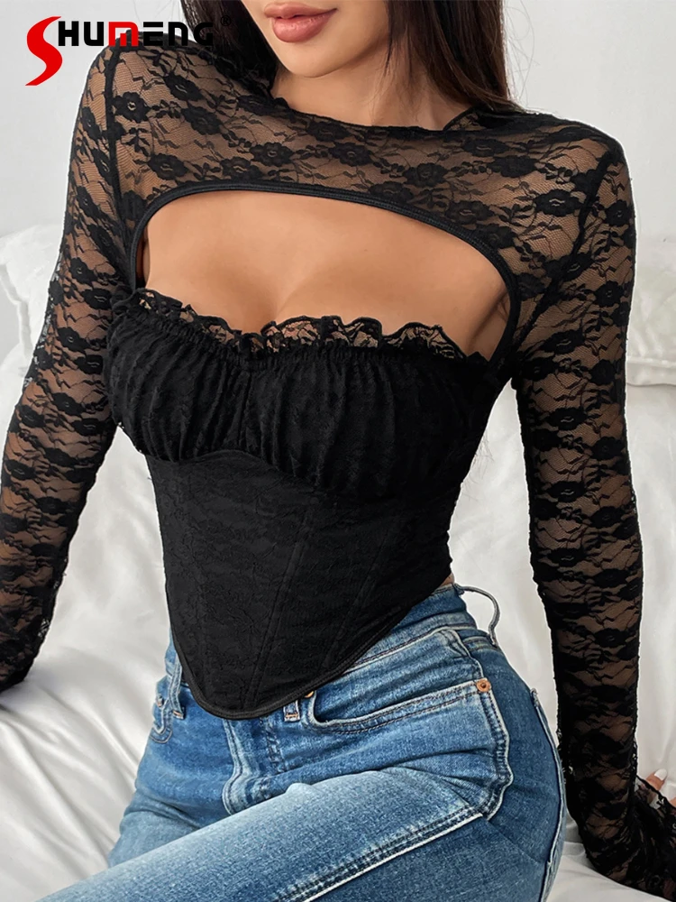 

2024 New Feminine Tops Fashion Slimming Sexy Girl Lace Splicing Long Sleeve Solid Color Trendy T-Shirts Ladies Slim-fit Tees