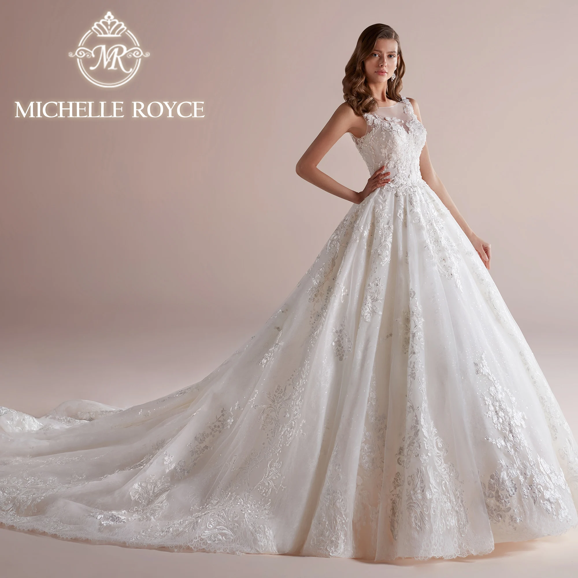 Michelle Royce Ball Gown Wedding Dress Sexy SCOOP Appliques Embroidery Shimmering Tulle Lace Up Wedding Gown Vestidos De Novia