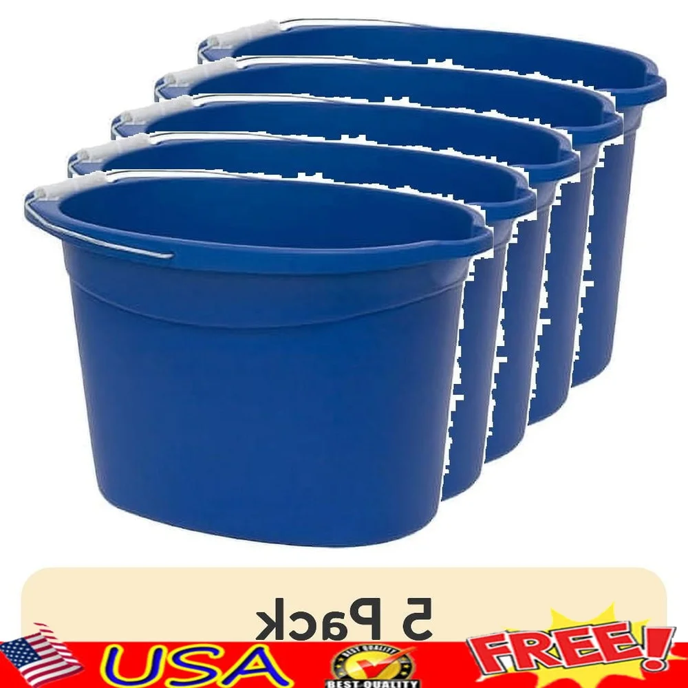 

5 Pack Durable Plastic Oval Bucket 12 Quart Perfect Vehicle Washing with Metal Handle Easy Pouring and Measuring Lines