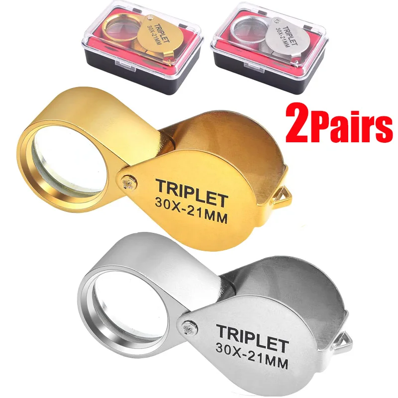 30X Pocket Loupe Magnifier Jewelry Magnifying Glass Foldable Diamond Lupa Triplet Jewelers Eye Metal Tools For Coins Gems Stamps