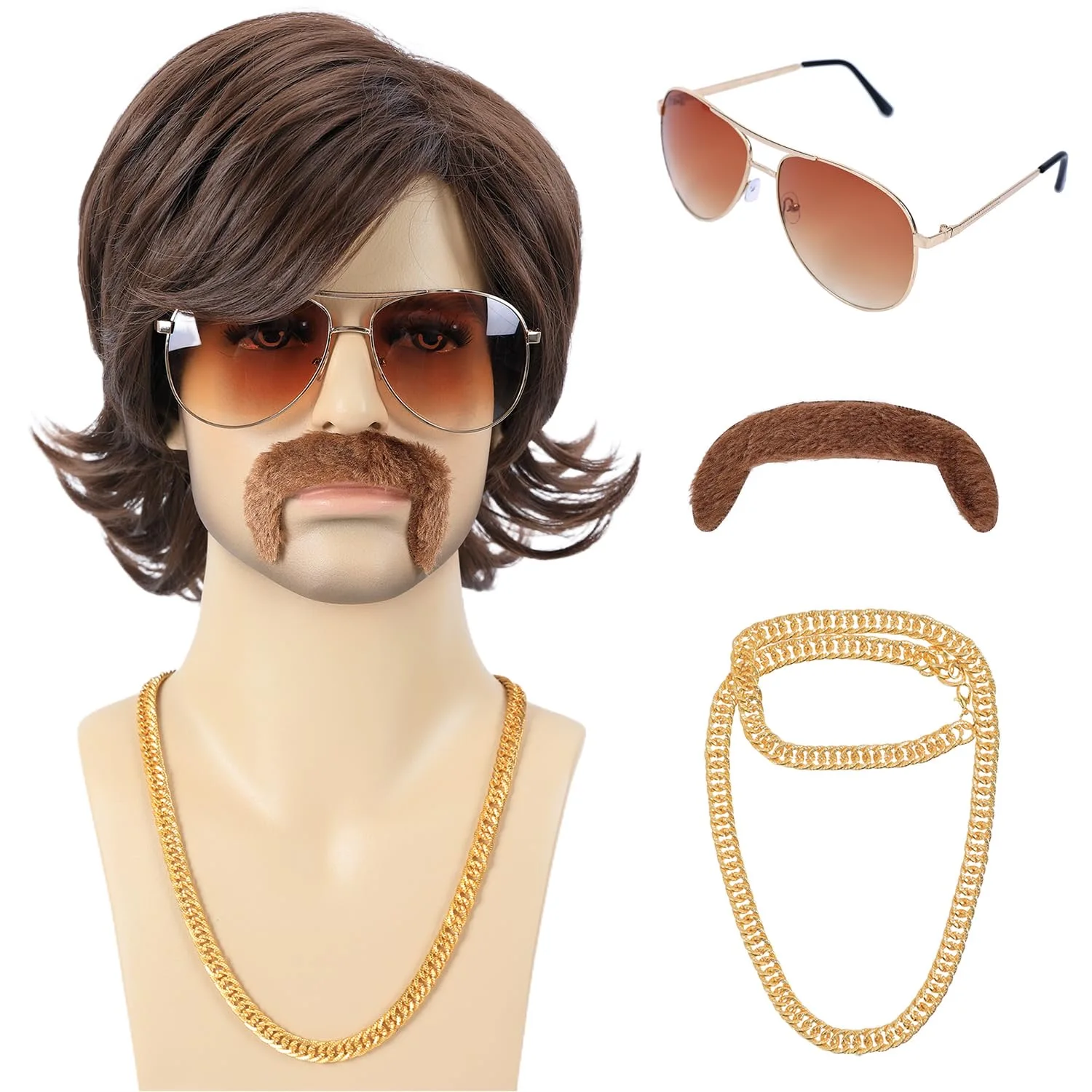 70s 80s Costume Wigs for Men with Mustache Glasses and Chain Short Brown Shaggy Disco Wig for Rocker Singer Hippie synthetic