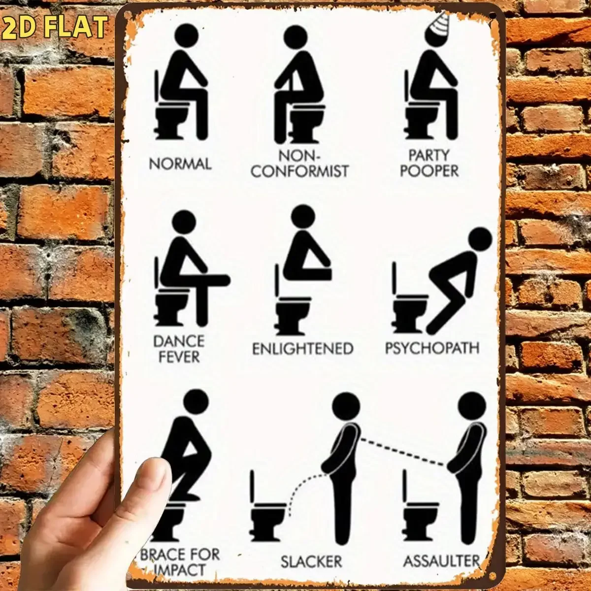 2D Flat, 2D Flat,1pc, Retro Funny Toilet Posture Icons Set Metal Iron Sign, Pre-Drilled Holes, Suitable for Indoor, Garden,Outdo