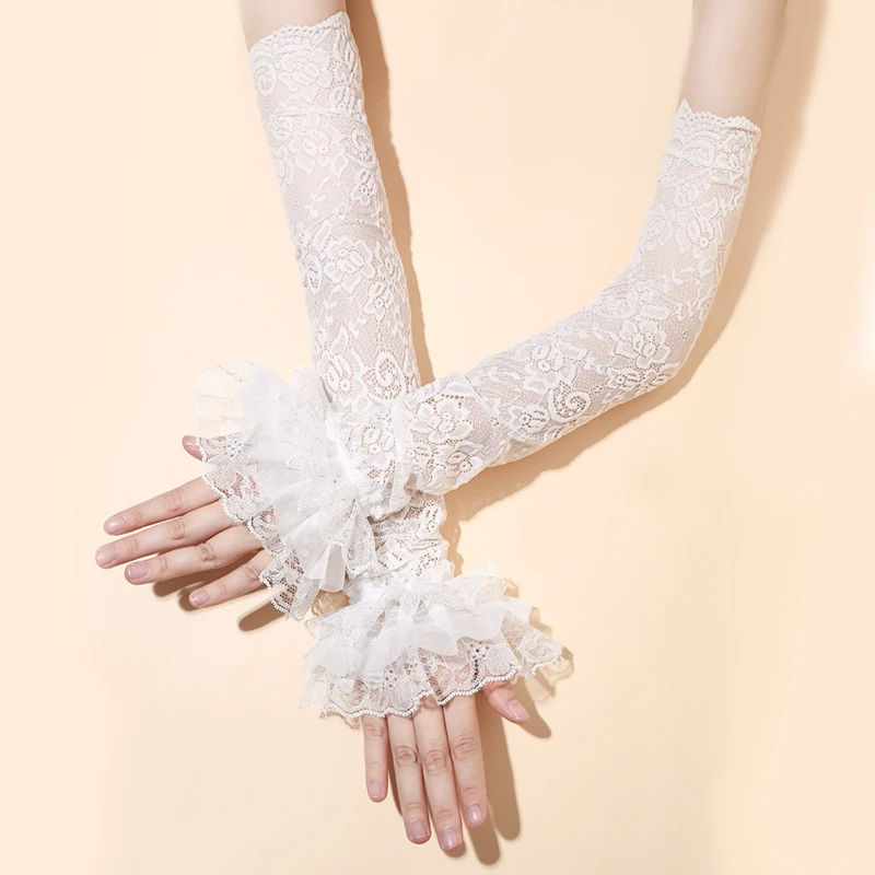 Guantes de encaje con hermosas flores para niña, protección solar de verano a la moda, mangas largas ahuecadas, guantes de boda sin dedos