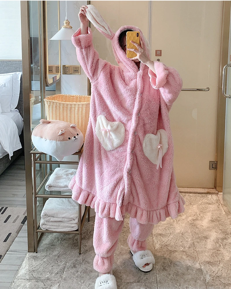 Sweet Cute Long Ear Hooded Robe With Pants Suit Women\'s Winter Flannel Pyjamas Two-piece Set Nightgown Set Warm Nightdress Set