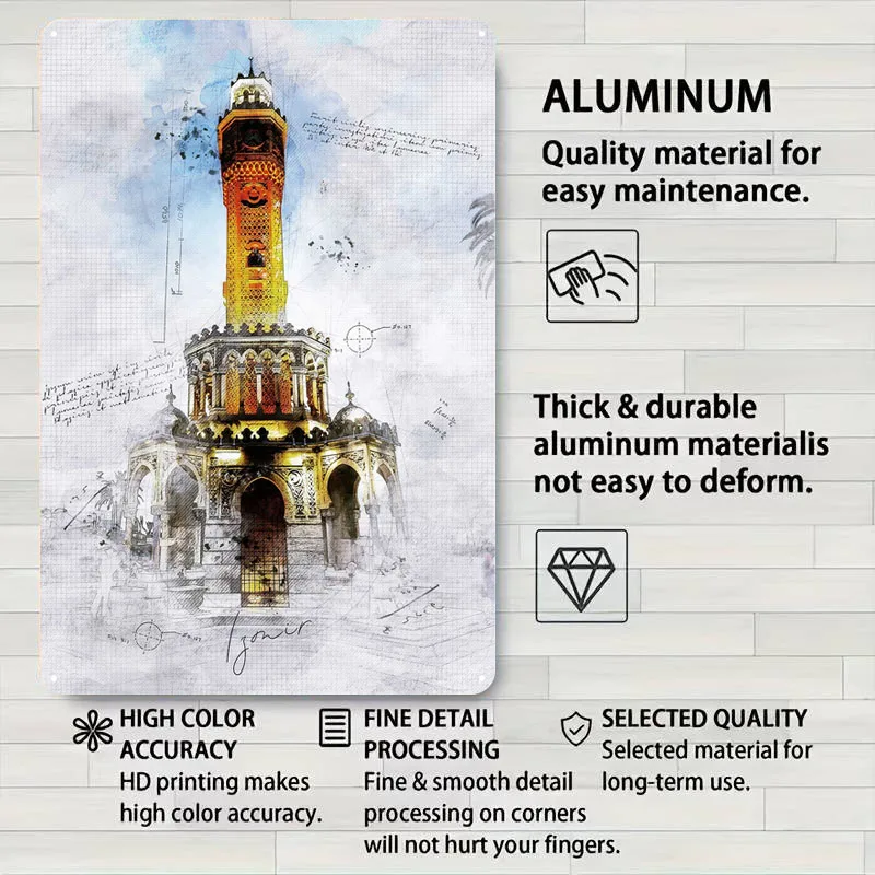 برج ساعة إزمير ألوان مائية علامات صفيح ملصق تاريخي ديكور غرفة النوم ديكور الغرفة لوحات رجالية فن جداري داخلي عتيق #4