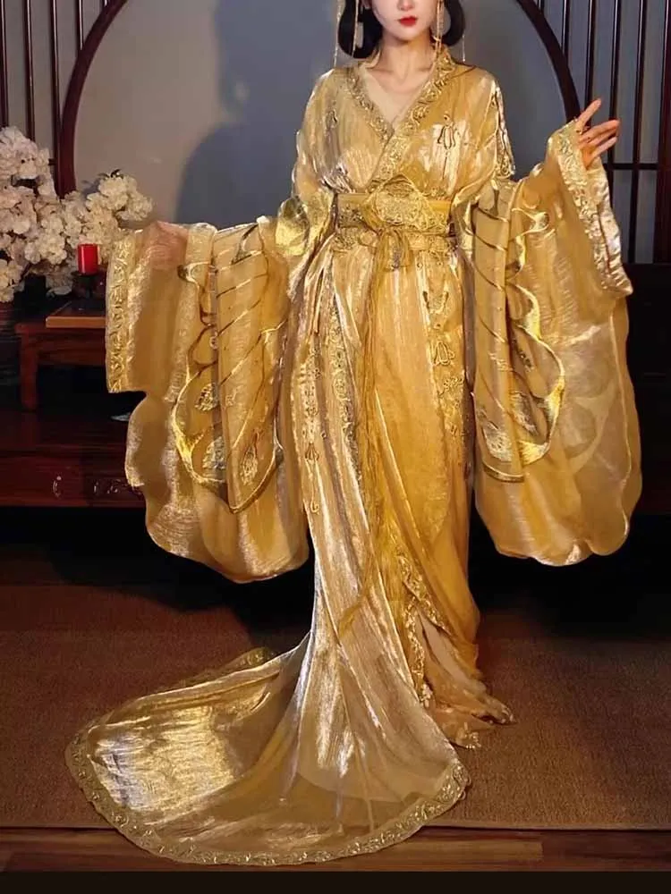 

Chinese Hanfu Dress Women Golden Embroidery Hanfu War Robe Female Carnival Cosplay Costume Stage Hanfu Trailing Party Dress