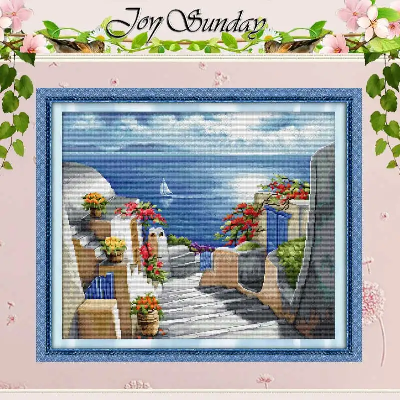 Blue Santorini Patterns Counted Cross Stitch Set 11CT 14CT 16CT Stamped DMC Cross-stitch Kit Embroidery Needlework Home Decor