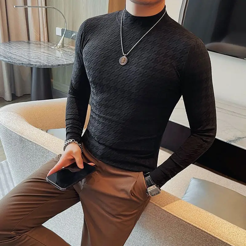 Men's 2025 Popular T-Shirt Long Sleeve Small High Neck Elastic Skinny Spring Autumn Medium Neck T Shirts for Man Bottom Shirt