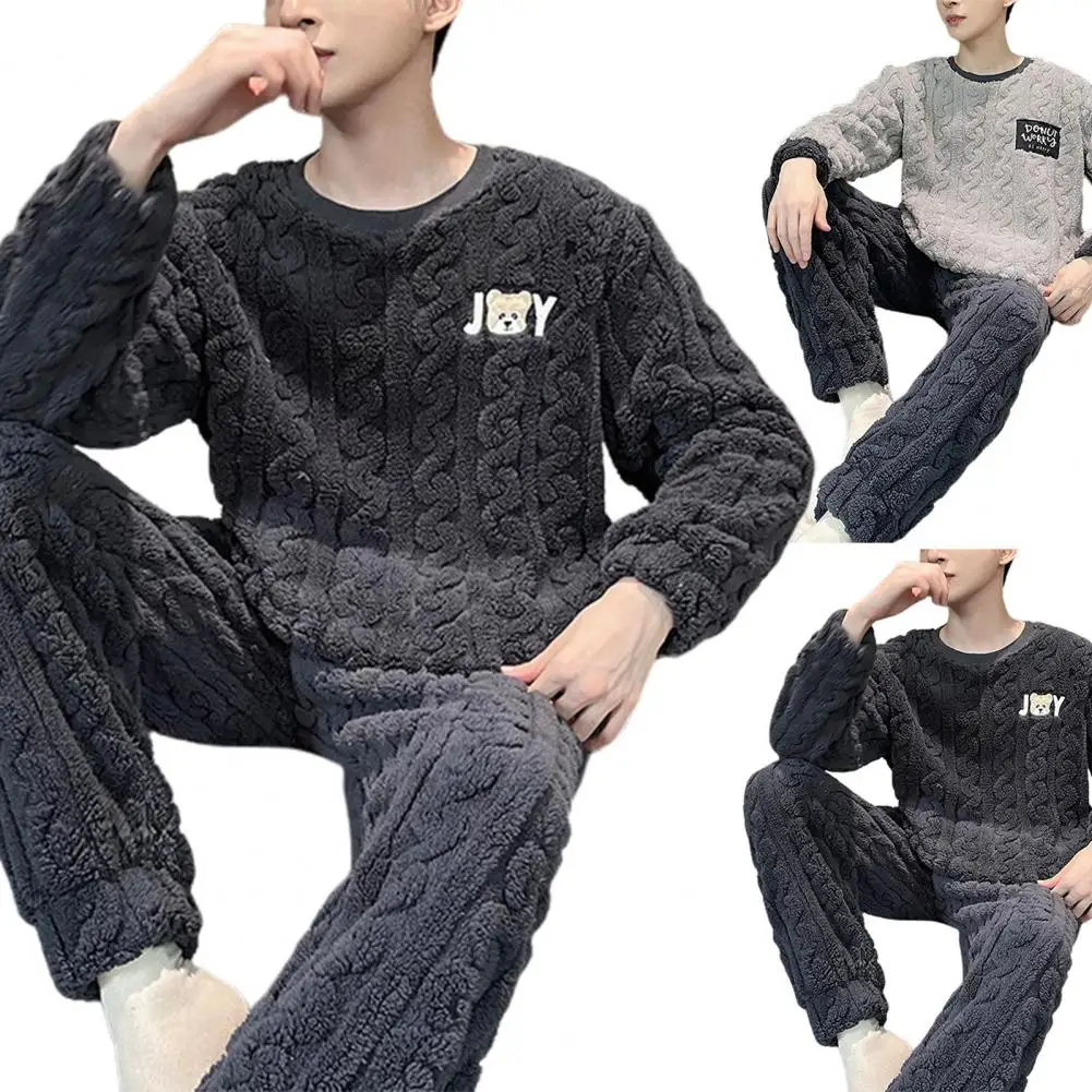 Thick Pajamas Round Neck Long Sleeve Thickened Homecoat Set Thick Twisted Texture Elastic Waist Men's Winter Pajamas Set for Men