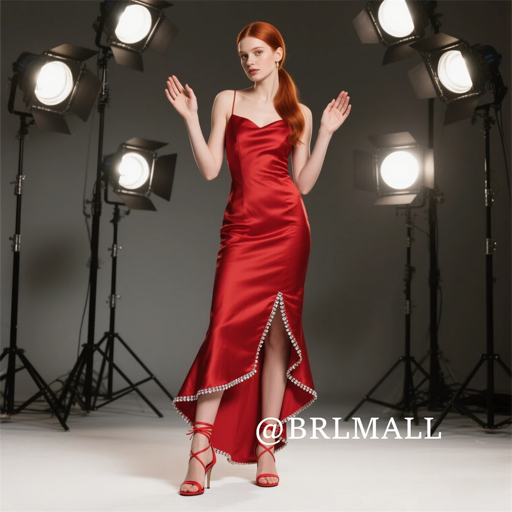 

BRLMALL Simple Prom Dress for Women with Crystals High Low Long Evening Dresses Spaghetti Straps Sheath Women's Formal Gowns