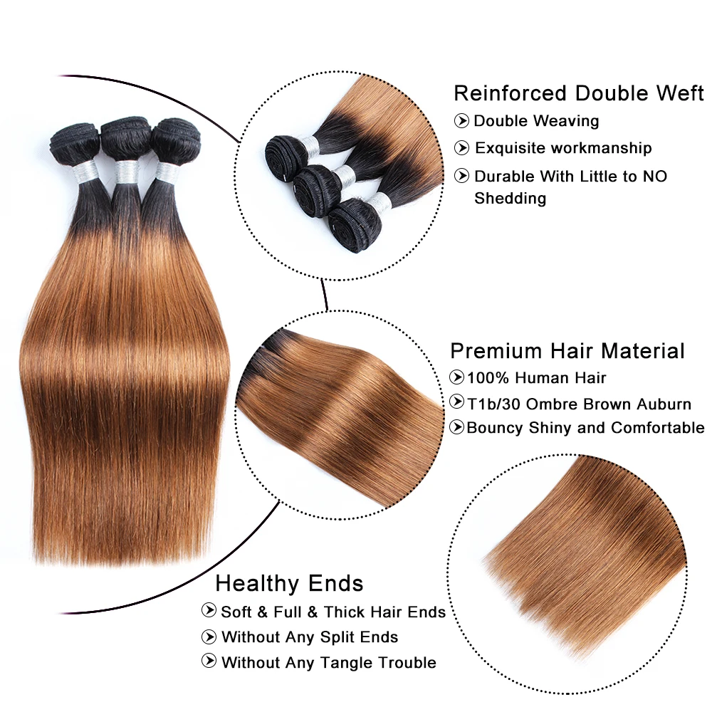 Gemlong-extensiones de cabello humano indio Remy, mechones de Color ombré T1B30, 300 g/lote, Color marrón medio con raíces oscuras, 10-24 pulgadas