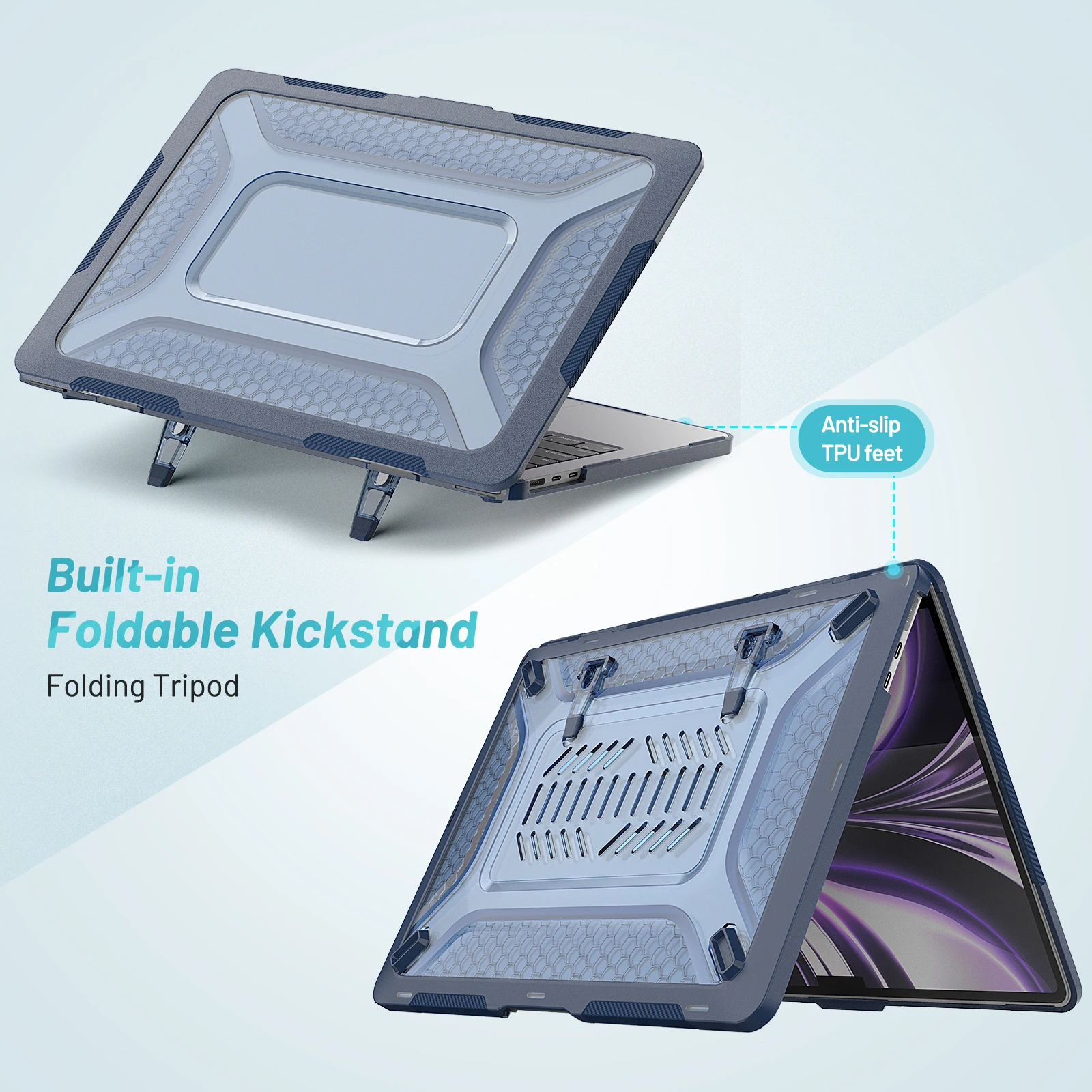 Case for MacBook Air 13.6 Honeycomb Ventilation Design Bottom Cover Built-in Kickstand for MacBook M2 A2681 M3 A3113 M4 A3240