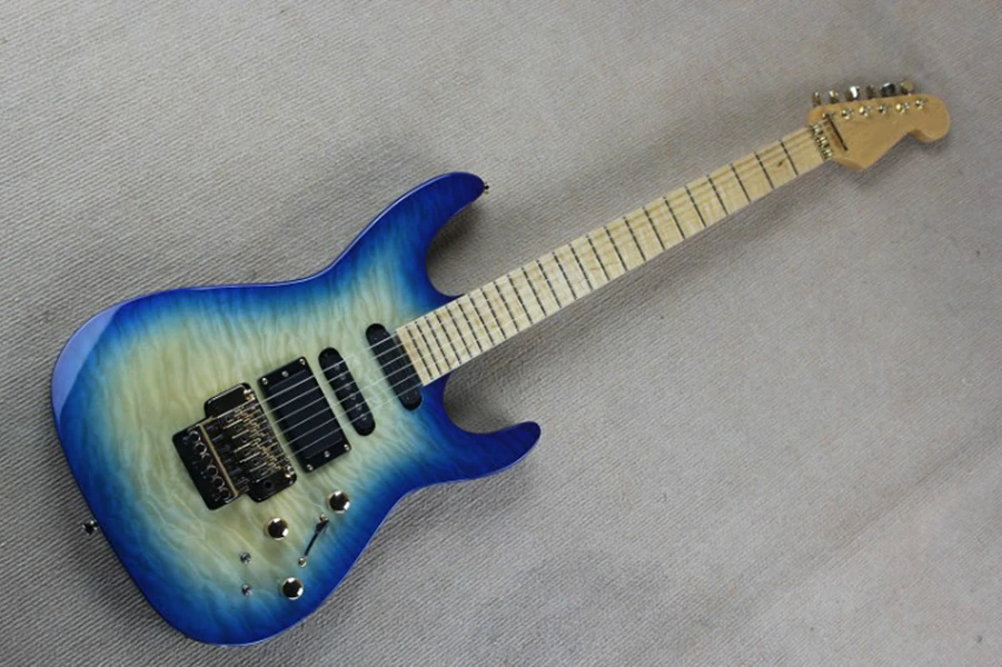 Flyoung Blue Quilted Maple Top Electric Guitar with Active Pickups,Gold Hardware,Offer Customize