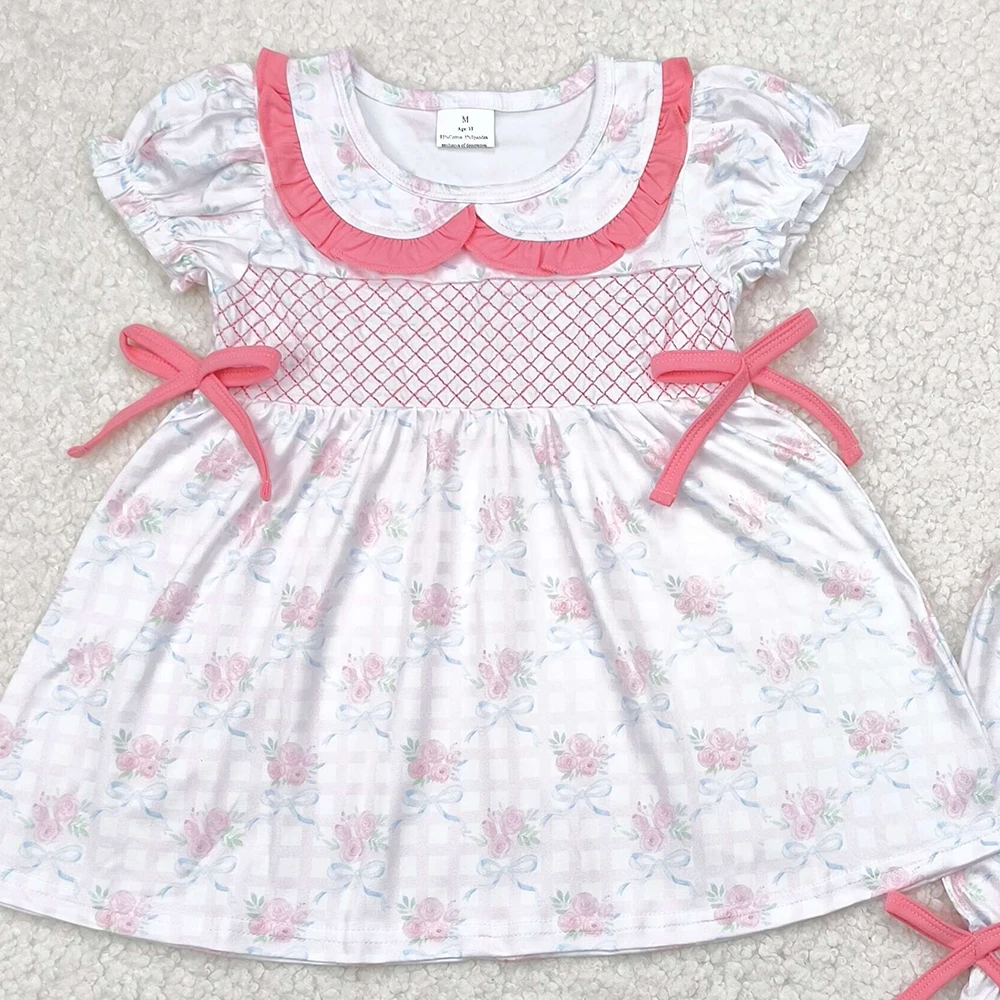 طقم شورت مكشكش بأقواس زهور وردية للفتيات الصغيرات بأكمام قصيرة مع فيونكة منقوشة للفتيات الصغيرات