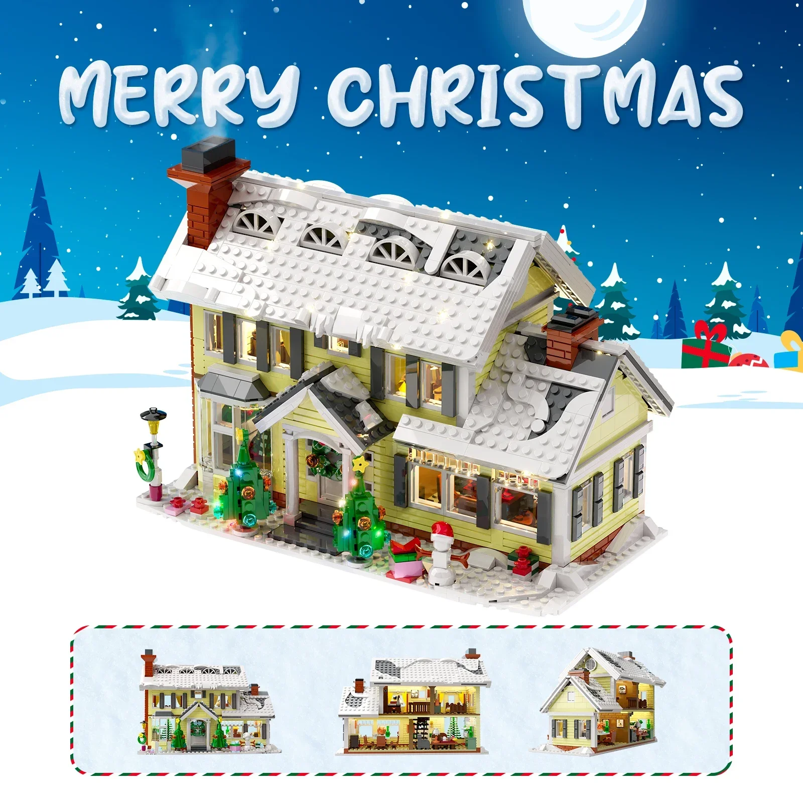 MOC Christmas Snow Village House Building Blocks Winter Resort Street View Idea Set with Light Model Toys Kids Xmas Holiday Gift