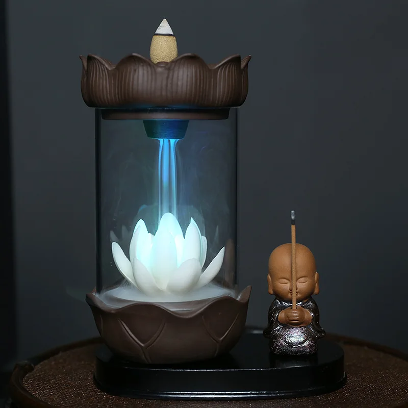 Color Changing LED Light Windproof Waterfall Incense Zen Peaceful Monk Stick Holder Lucky Home Decoration