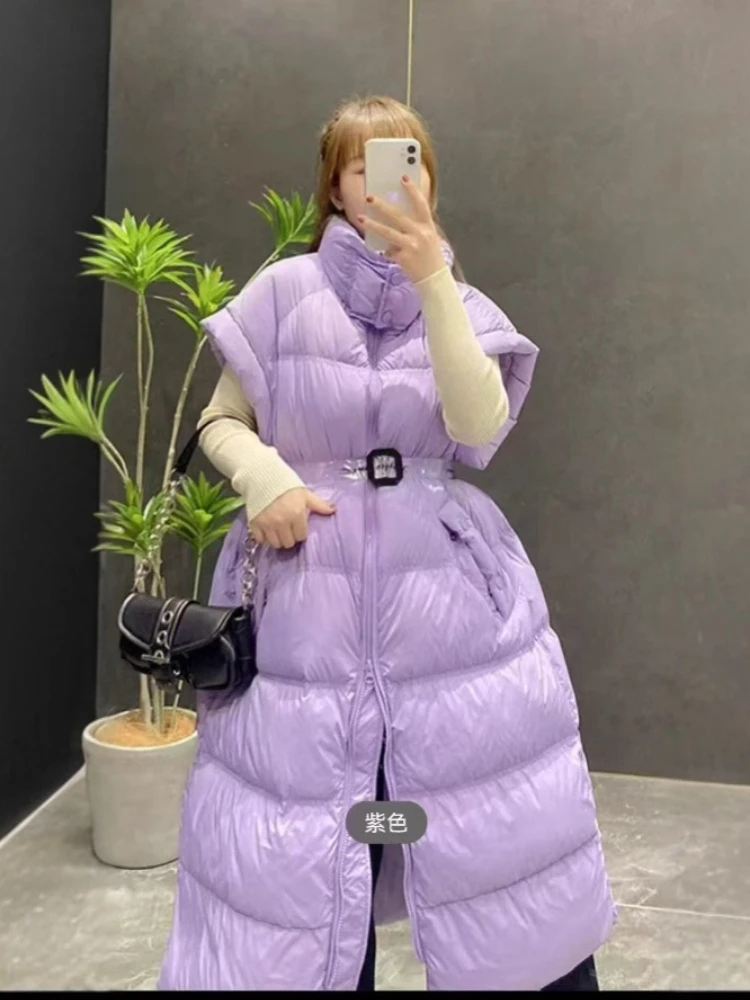 타이트 웨이스트 롱 덕다운 베스트 코트 여성 패션 두꺼운 스탠드 칼라 따뜻한 재킷 슬리브리스 베스트 푸퍼 코트 여성 트렌디