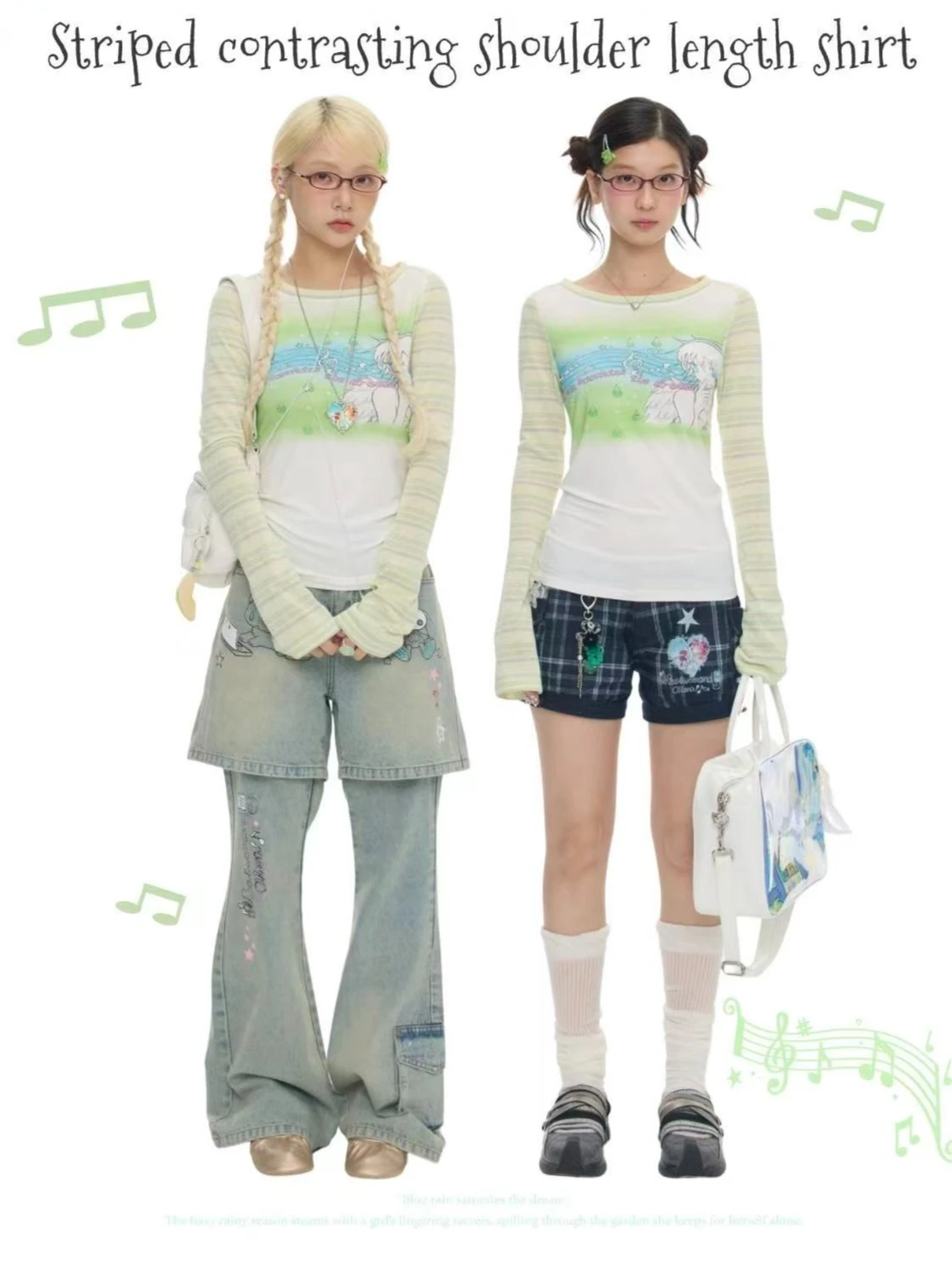 Japanese-style Cute and Nostalgic Y2k Green Striped Musical Note Angel Color-matching Shoulder-print Long-sleeved T-shirt