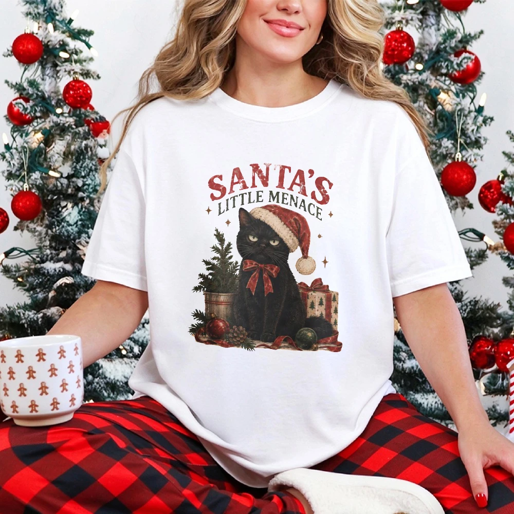 Santa Little Menace T-Shirt Funny Black Cat Christmas Shirt Vintage Cat Christmas Graphic T Shirts Xmas Kitten Lover Gift Tops