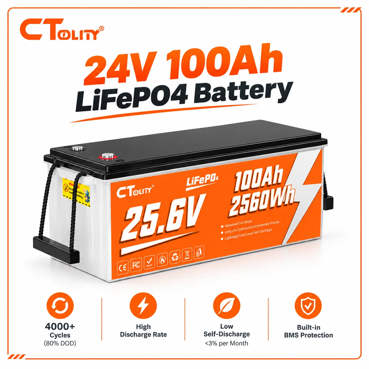Ctolity 24V/25.6V 100Ah LiFePO4 Lithium Battery With Bluetooth, Built-in 100A BMS, Supports Parallel Connection and 4000+ Deep Cycles for Trolling Motors, Marine Applications, RVs, and Solar Systems