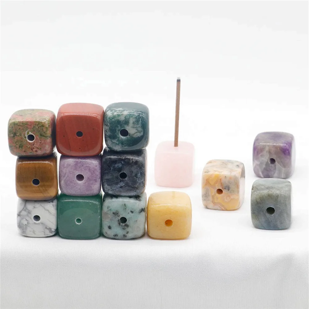 20mm Square Agate Semi-finished Jewelry Pendant Thread Incense Base Crystal Aroma Natural Stone Incense Holder Small Decoration