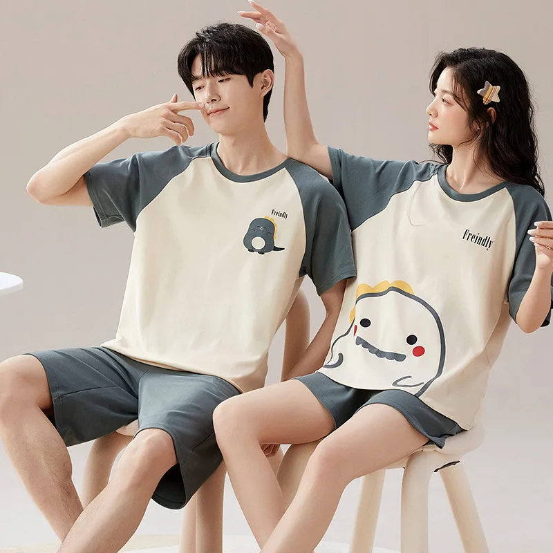 Summer Pajama Sets for Women Men Short Sleeve T-shirts+Shorts 2Pcs Suits Nightwear Cartoon Sleepwear Couple Casual Home Clothes