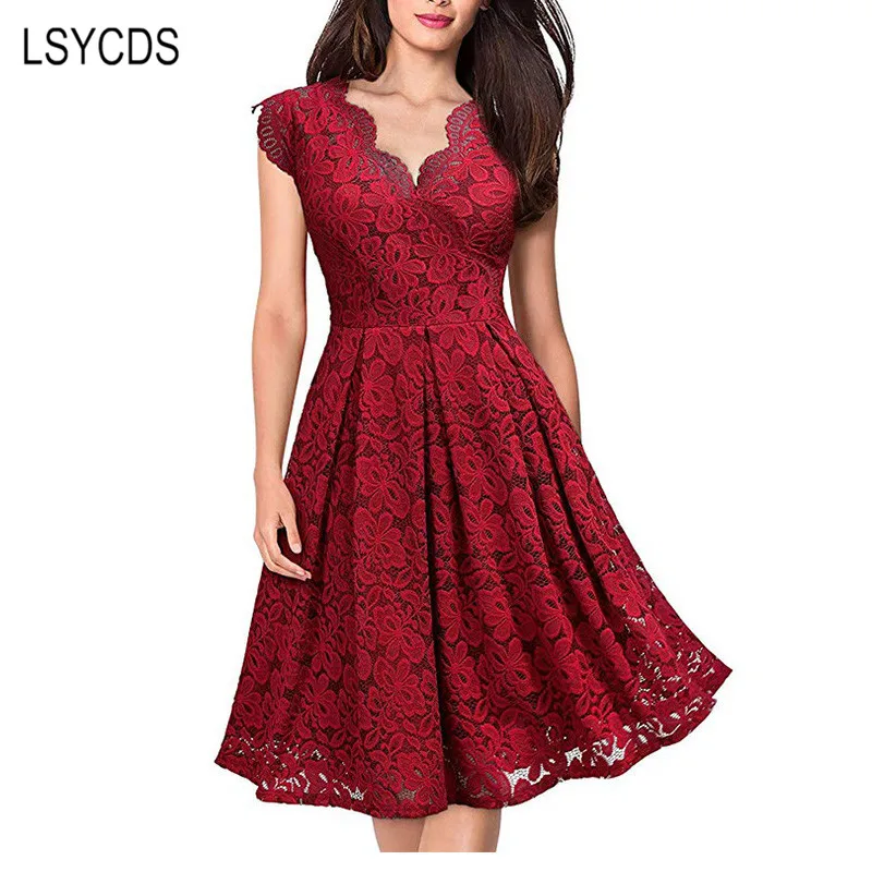 LSYCDS 2024 Women Vintage Dress Elegant Sexy V Neck Lace Sleeveless Dresses  Robe Femme Casual Dress Party Night Woman