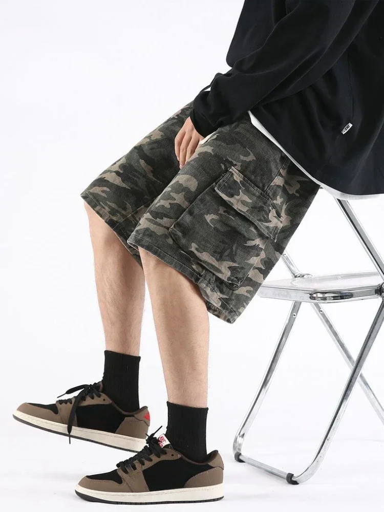 Short Jeans Pants for Men Loose Wide Camouflage Straight Man Denim Shorts Baggy Designer Buttons Popular Harajuku Xl Jorts Thin