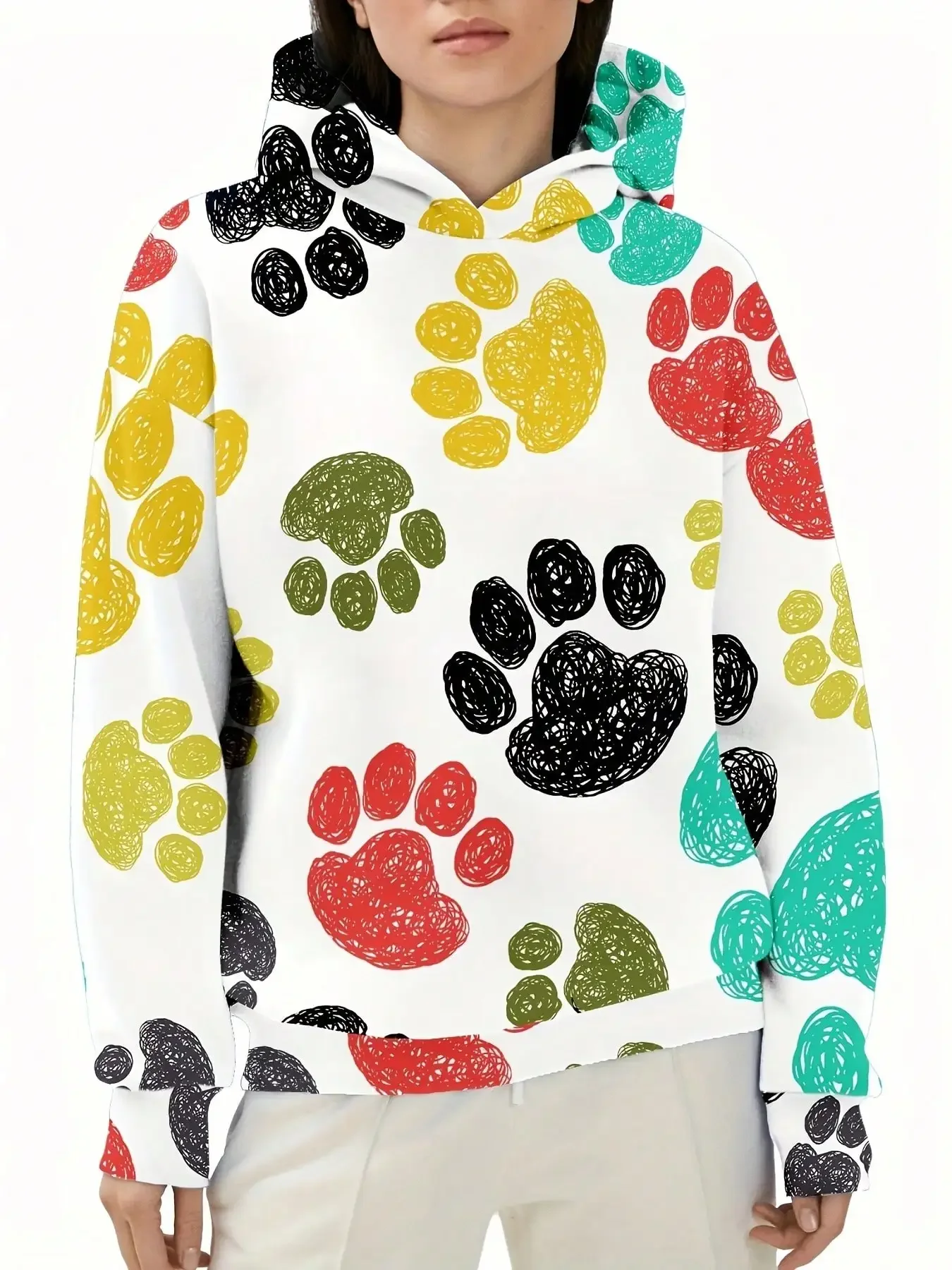 Women Cute Animal Paw Print Hoodie Drawstring Long Sleeve All Over Print Casual Loose Pullover Sweatshirt