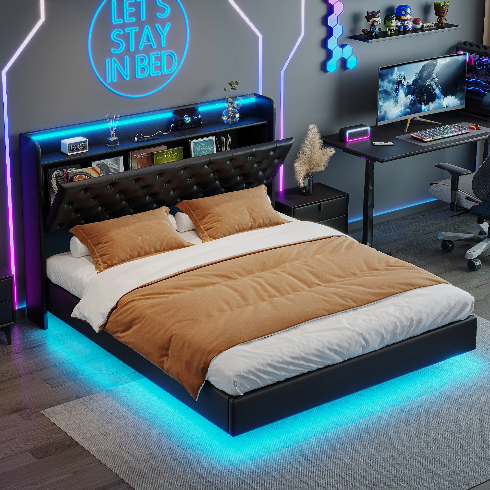Rosahqnda Polsterbett, Doppelbett mit USB-Ladefunktion, LED-Beleuchtung, Kopfteil mit Stauraum, versteckte Bettfüße, Leder-Finish – Detail 11