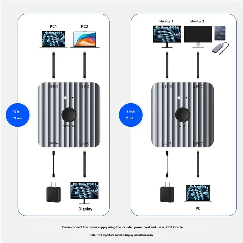 USB-C 1 In 2 Out/2 In 1 Out Switcher Switch Bi-Directional Splitter 8K 60Hz 100W PD 10Gbps For Laptop TV Projector