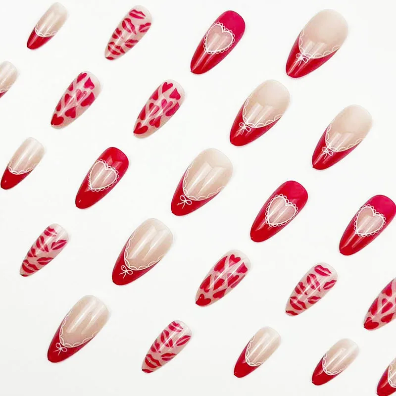 24 pièces amande faux ongles femmes saint valentin rose français presse sur ongles rouge amour coeur imprimé Stick-on faux ongles patchs
