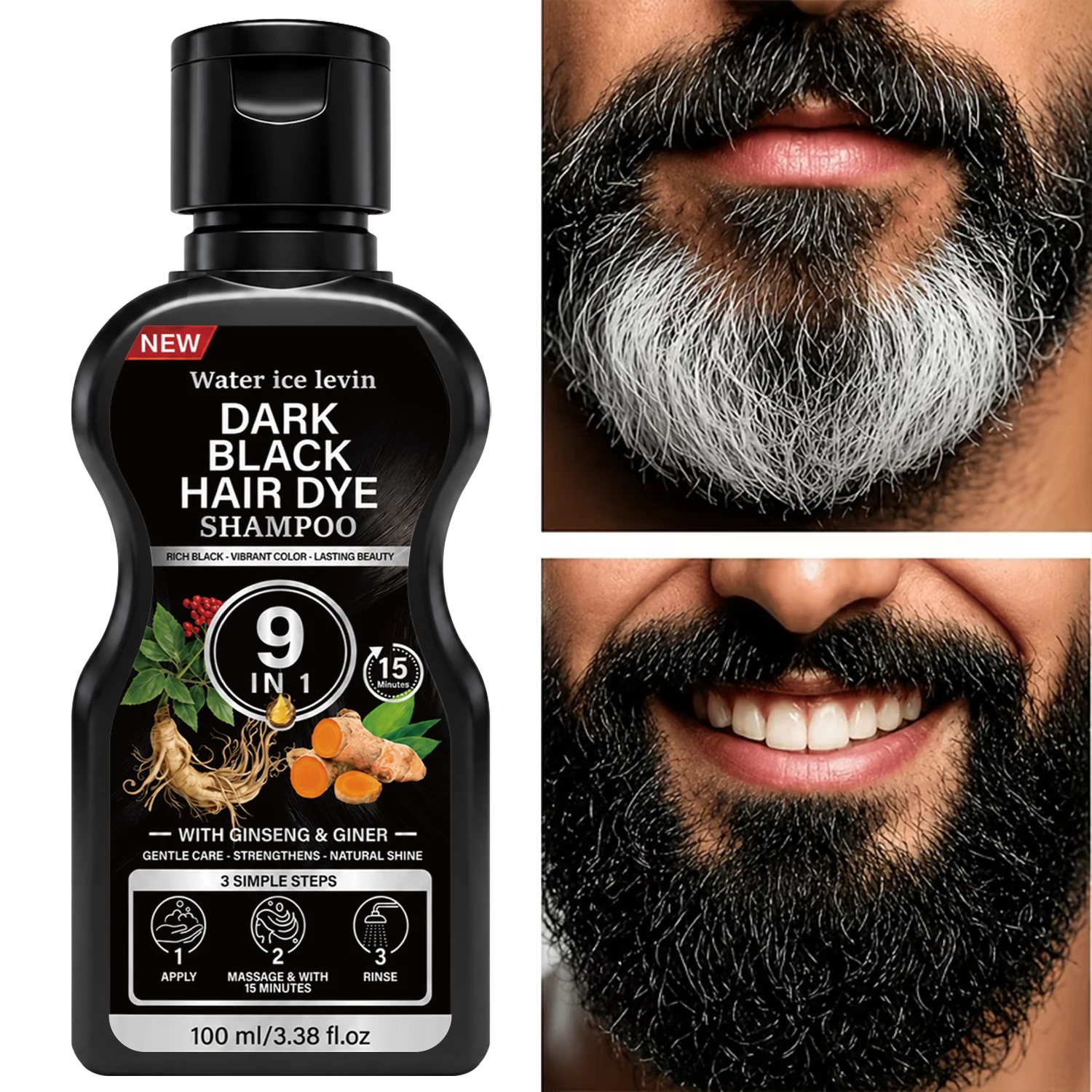 Water Ice Levin 9 in 1 Black Hair Dye Shampoo, Quick Herbal Hair Color, Cover Grey White Hair, Long Lasting