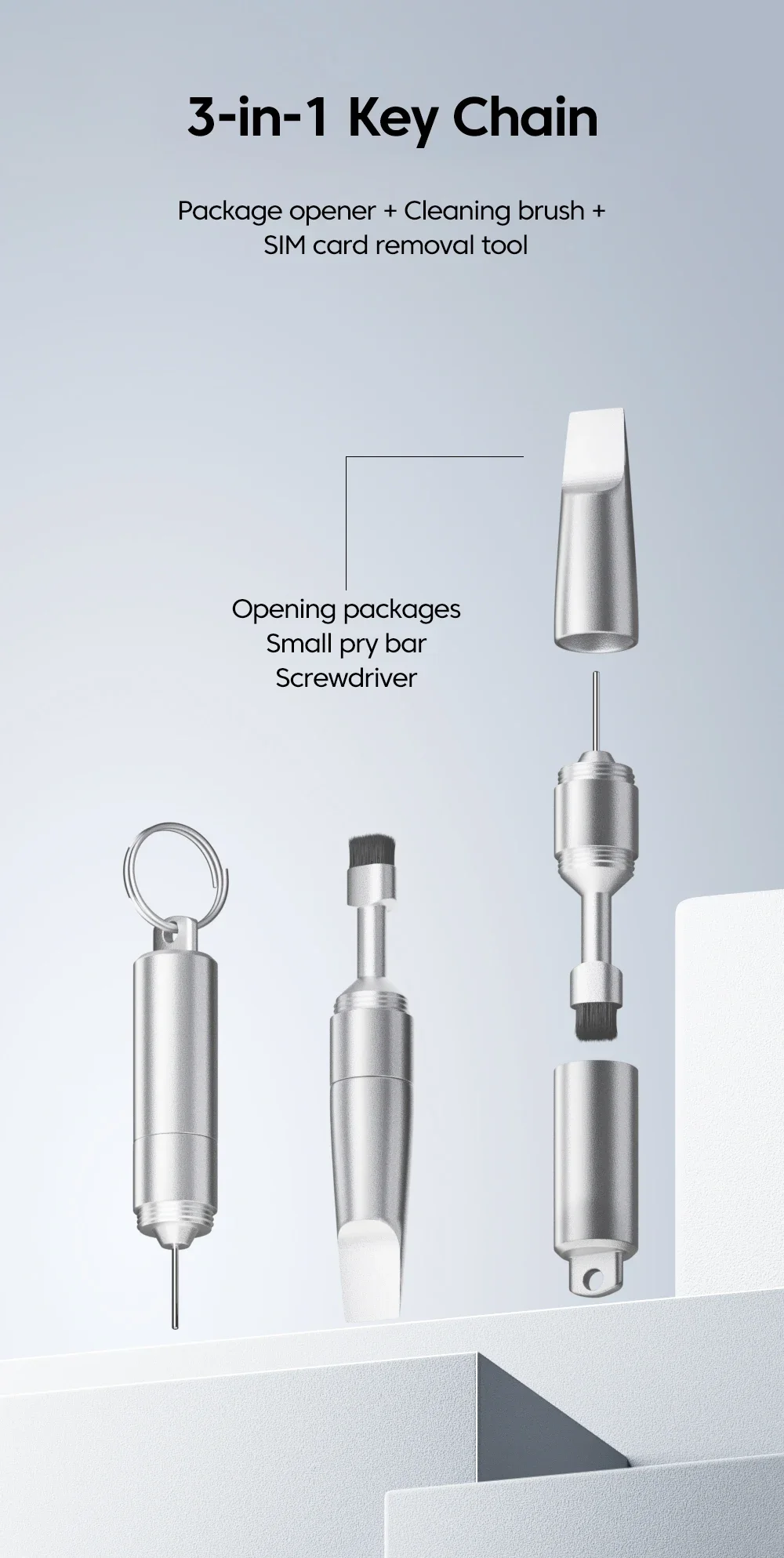 3-in-1 Keychain SIM Card Eject Pin Phone Cleaning Brush Package Opener Tool For All Smartphones