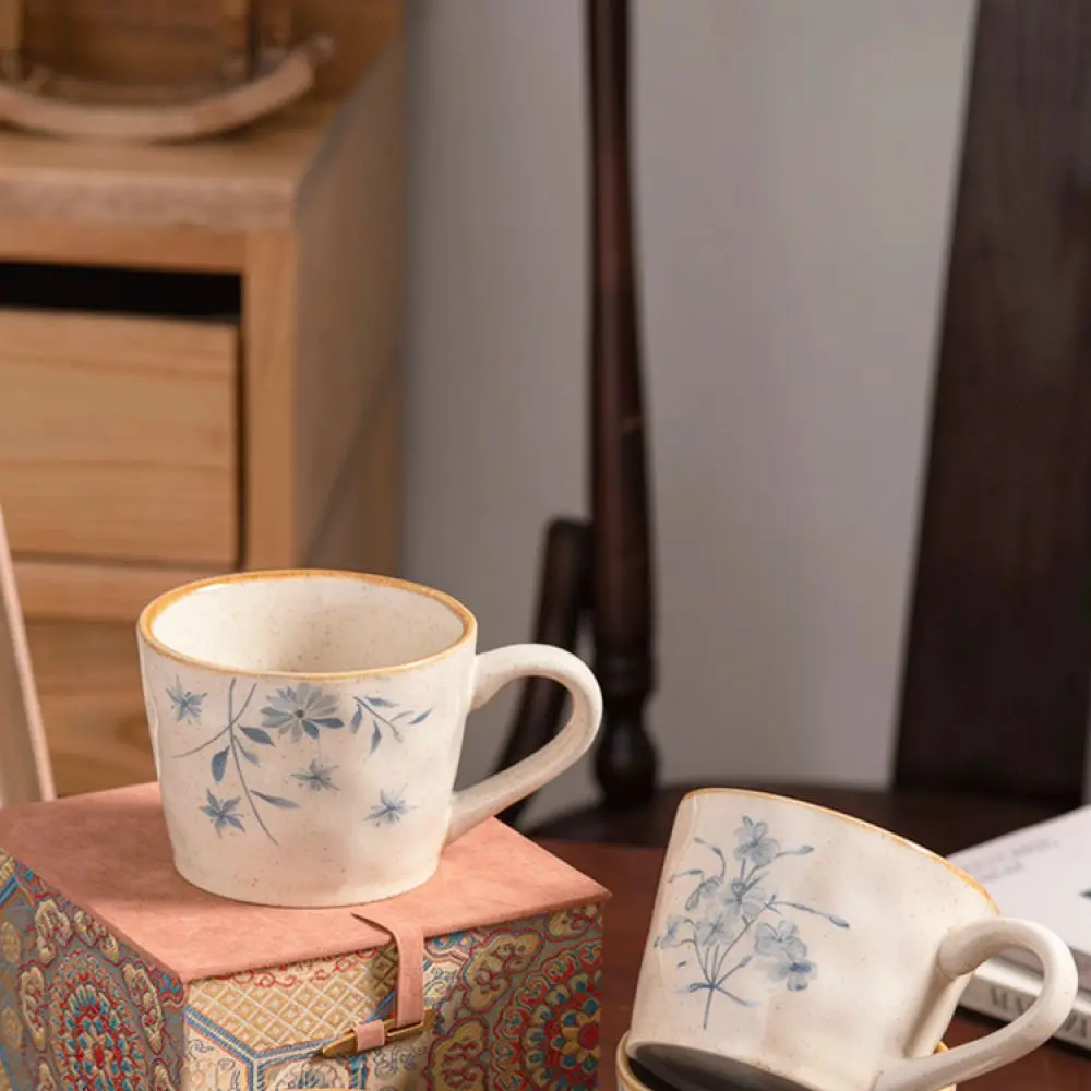Vintage Ceramic Coffee Mug Wabi Sabi Style Tea Cup Floral Print Handheld Drinkware Minimalist Office Home Vessel