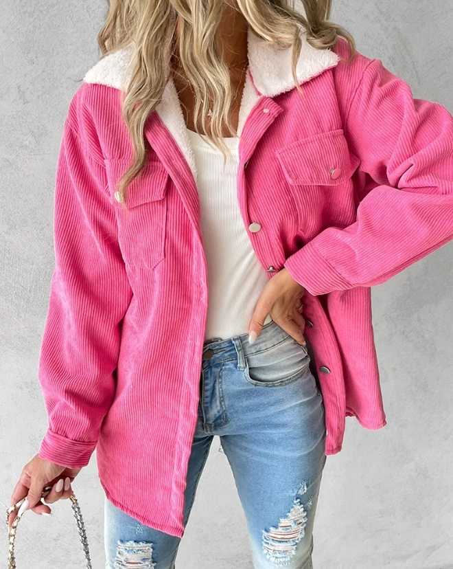 

2023 Autumn Winter Spring New Fashion Casual Elegant Pocket Design Fleece Lined Corduroy Shacket Coat Female Clothing Outfits