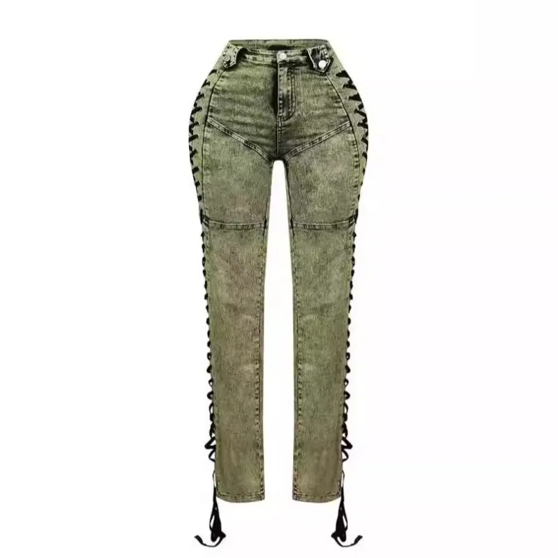 Women Fashion Drawstring Denim Pants Button Fly High Waist Side Grommet Cross Lace Up Skinny Jeans Trousers Y2K Streetwear