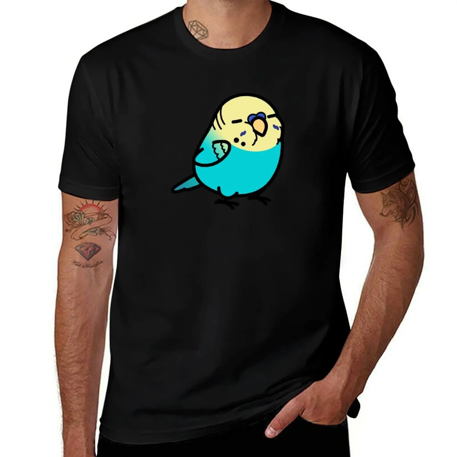 Chubby Sky Blue Yellow-headed English Budgie - Male T-Shirt Plus Size Street Style Tee T-Shirt