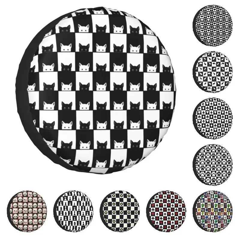 Funny Checkerboard Cats Spare Tire Cover Fit for Jeep Honda Checkered SUV RV Trailer Car Wheel Protectors 14