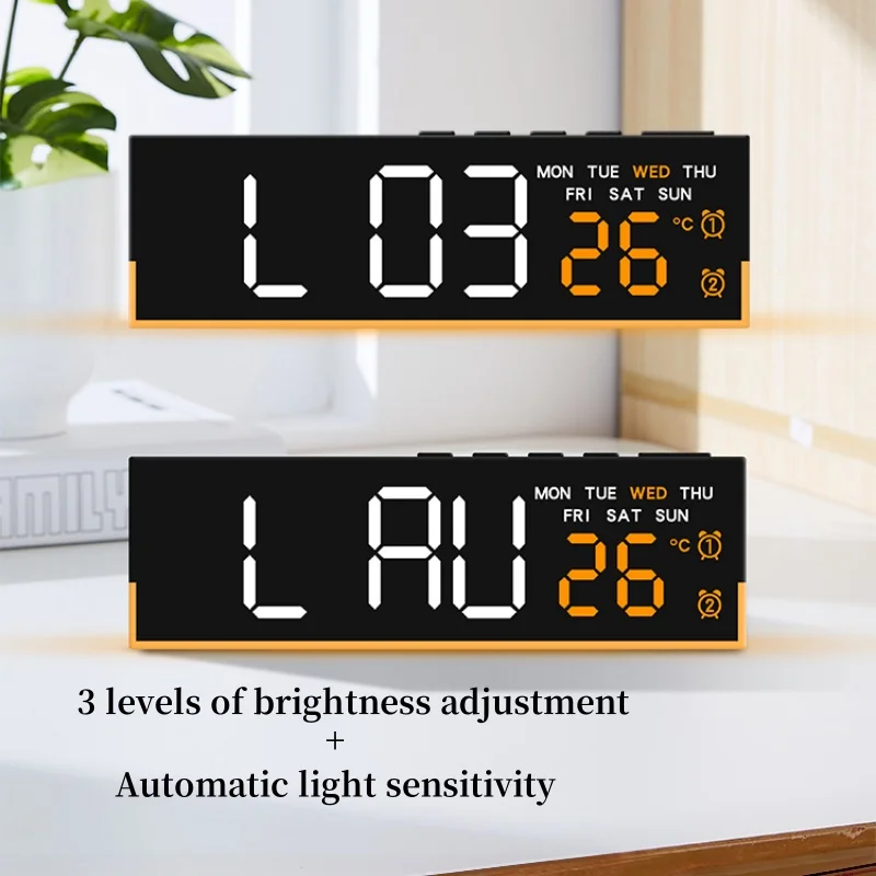 USB-betriebener digitaler Wecker mit Stimmungslicht, TEMP, Datum, Woche, 2 Alarme, automatisch dimmbar, Schlummer-Tischuhr, 12/24 Stunden, DST-LED-Uhr – Detail 11