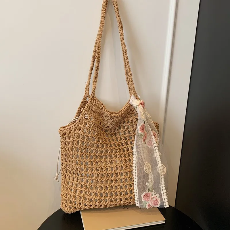 

Новейшая летняя пляжная тканая кружевная сумка-тоут с бантом для женщин 2-в-1, легкая полая сумка-шоппер большой вместимости, женская сумка
