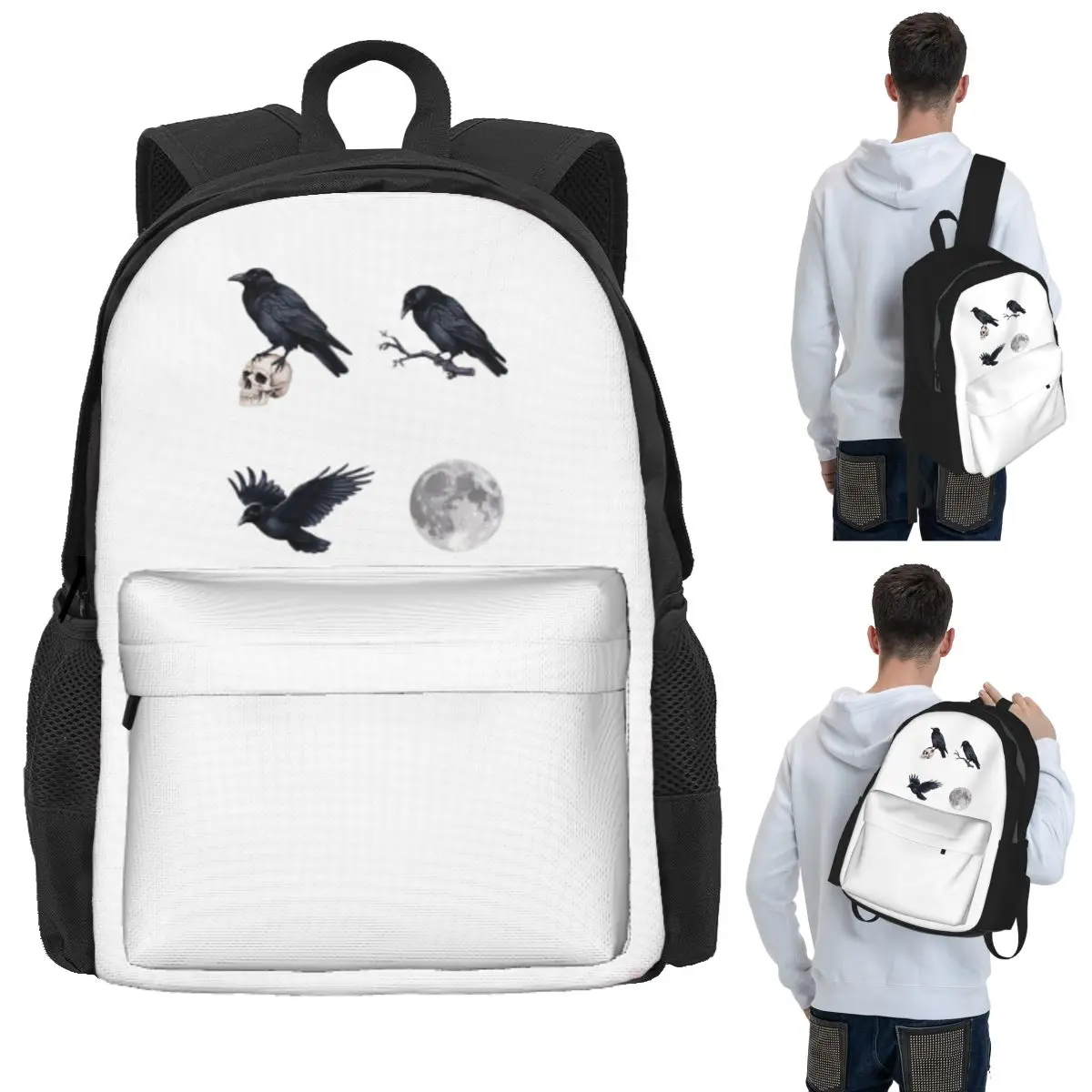 Trendiger schwarzer Rabe, Totenkopf und Mond-Rucksack, Studentenrucksack, Schultasche, Wandern, Reisen, Tagesrucksack, Büchertasche für Jungen und Mädchen, Umhängetaschen