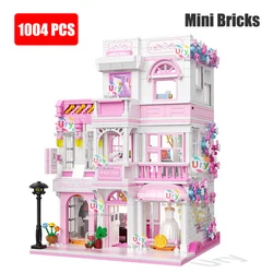 Mini City Street View Friends House Pink Wedding Dress Shop Modular Villa with Light MOC Architecture Building Block Set for Kid