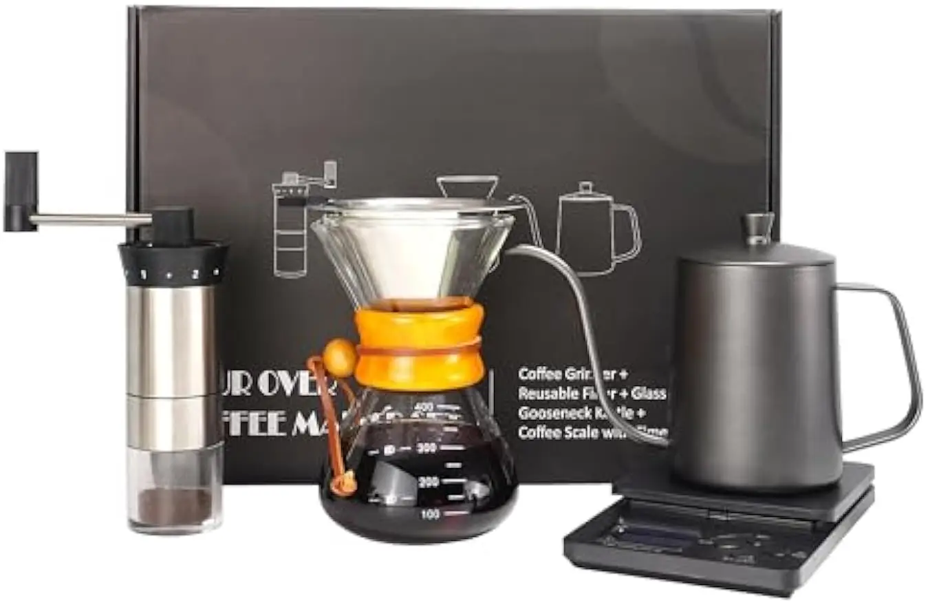 

Complete Pour Over Coffee Maker Set with Kettle, Grinder & Scale - Ideal Gift for Coffee Lovers