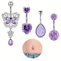 1-4pcs Belly Button Rings, Purple Heart Shaped Butterfly Cubic Zirconia Navel Rings, Body Piercing Jewelry, Holiday Gift