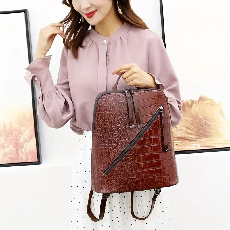 6Pcs Solid Color Crocodile Pattern Handbag Set, Large Capacity Versatile Women Shoulder Crossbody Purse Kit view 6