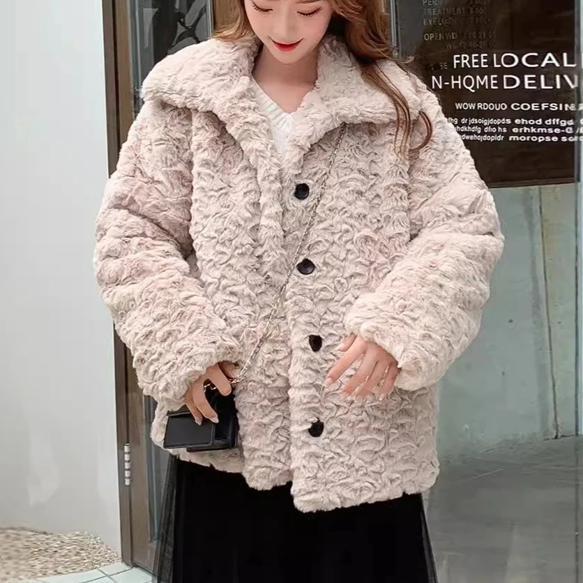 معاطف نسائية من فراء الأرنب الصناعي معطف بياقة مقلوبة وأكمام طويلة وجيوب بأزرار سترات سميكة وفضفاضة غير رسمية لخريف وشتاء 2025