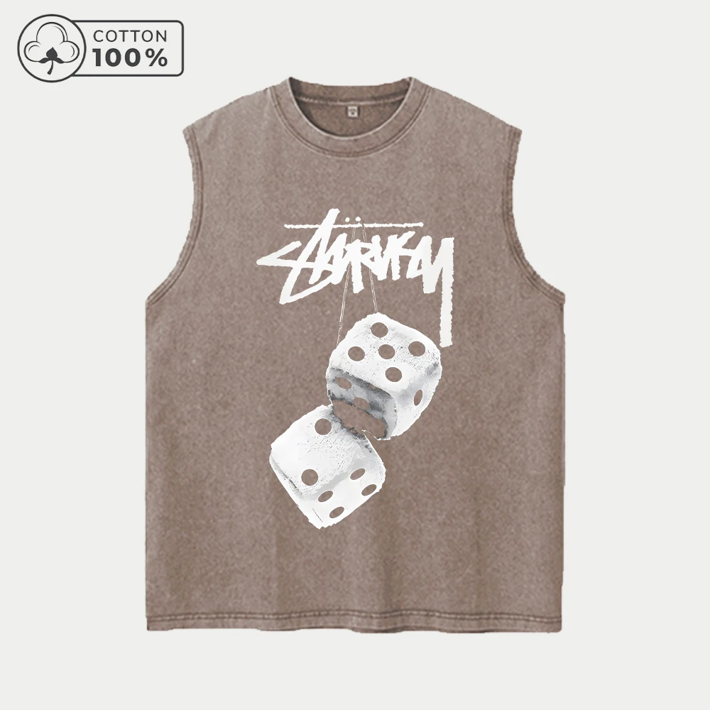 Fitness Washed Vest Fashionable Dice Print Retro Casual Pure Cotton Sleeveless Vest Summer Commuting Running Training Top view 2