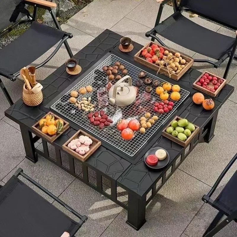 Multifunction Outdoor Patio Fire Pit Table BBQ Grill Smoker Charcoal Portable Backyard Heater Dining Table Bbq Grill Bbq Grill